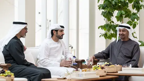 Un momento del encuentro entre el presidente de EAU y el príncipe heredero de Dubai. (WAM)