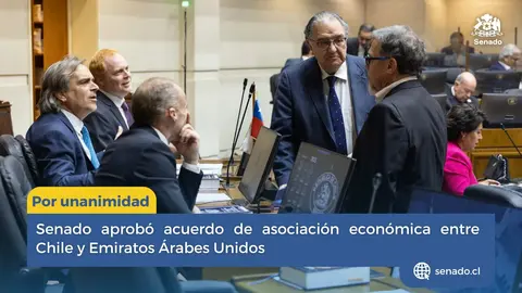 Sesión del Senado chileno durante la cual fue aprobado por nanimidad el Acuerdo de Asociación Económica Integral (CEPA) entre Chile y Emiratos Árabes Unidos. (Fuente externa)