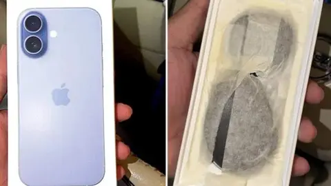 Una imagen combinada muestra piedras dentro de la caja del iPhone 17 en Al Ain. (Fuente externa)