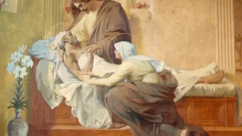 Detalle del mural del fallecimiento de San José pintado por Henri Pinta que se encuentra en la iglesia francesa de San Francisco Javier de las Misiones Extranjeras en París.