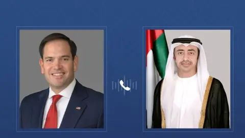 El  viceprimer ministro y ministro de Asuntos Exteriores de EAU, y el secretario de Estado de EEUU. (WAM)