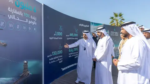 El pr&iacute;ncipe heredero de Dubai ante la maqueta del proyecto en Umm Suqueim. (Dubai Media Office)