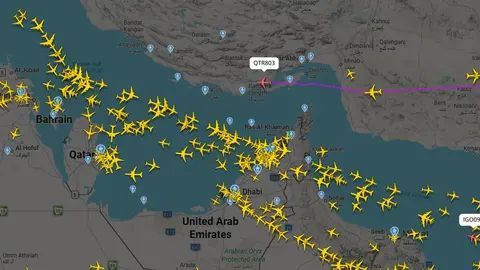 Captura de pantalla del Estrecho de Ormuz de la web Fligthradar24.