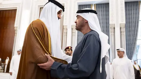 El presidente de EAU y el emir de Qatar este mi&eacute;rcoles en Doha. (WAM)