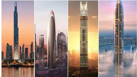 Rascacielos en construcci&oacute;n en EAU (de izquierda a derecha): el Burj Azizi de 131 pisos; la Downtown Tower (parte de Mercedes-Benz Places by Binghatti); las residencias Burj Binghatti Jacob & Co de 595 metros en Business Bay; y el proyecto Six Senses de Select Group en Dubai Marina. (Fuente externa)