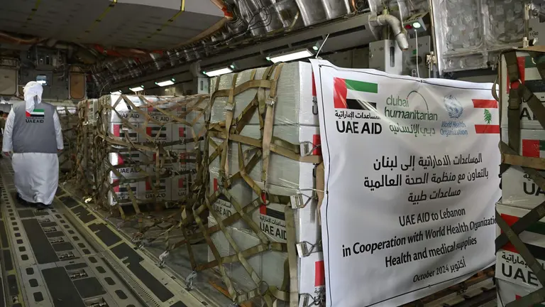 Carga de ayuda emirat&iacute; en un avi&oacute;n. (WAM)