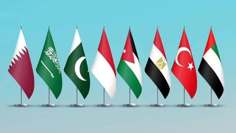 Las banderas de los pa&iacute;ses que se unen a la inciativa de Trump en Gaza. (WAM)