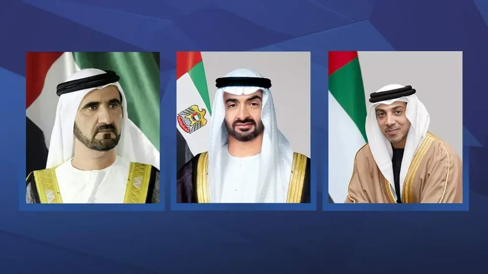 De izquierda a derecha, los jeques Mohammed bin Rashid Al Maktoum, Mohamed bin Zayed Al Nahyan y Mansour bin Zayed Al Nahyan, l&iacute;deres de Emiratos &Aacute;rabes. (WAM)