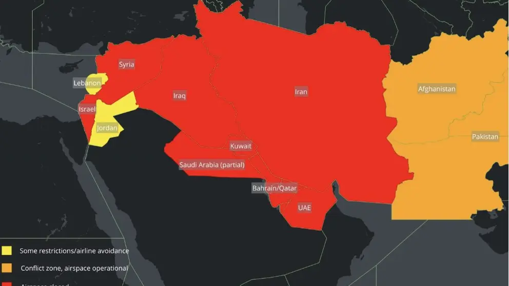 Espacio a&eacute;reo del Golfo el 1 de marzo de 2026. (Flightradar24)