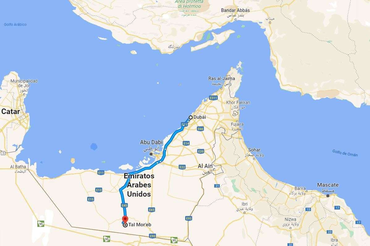 Ruta de Dubai a Tal Moreeb. (Google Maps)
