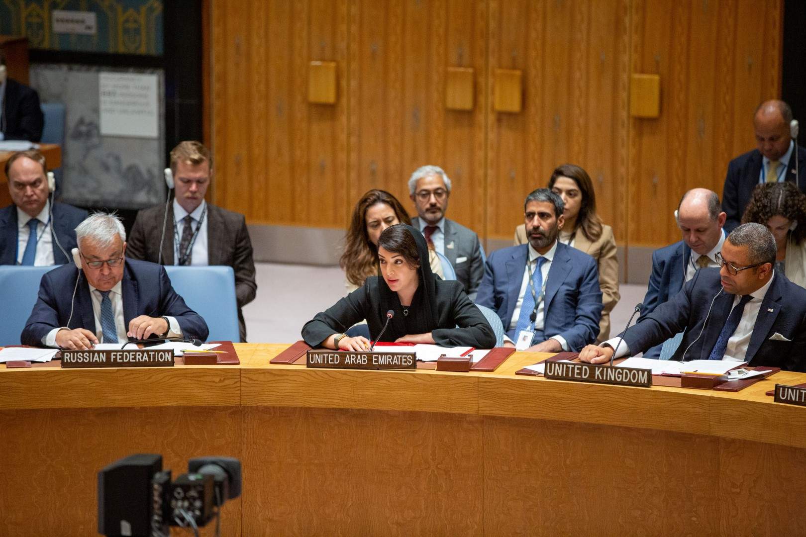 Reem bint Ibrahim Al Hashimy, ministra de Estado de Cooperación Internacional de Emiratos Árabes Unidos durante su intervención en la ONU este viernes. (WAM)