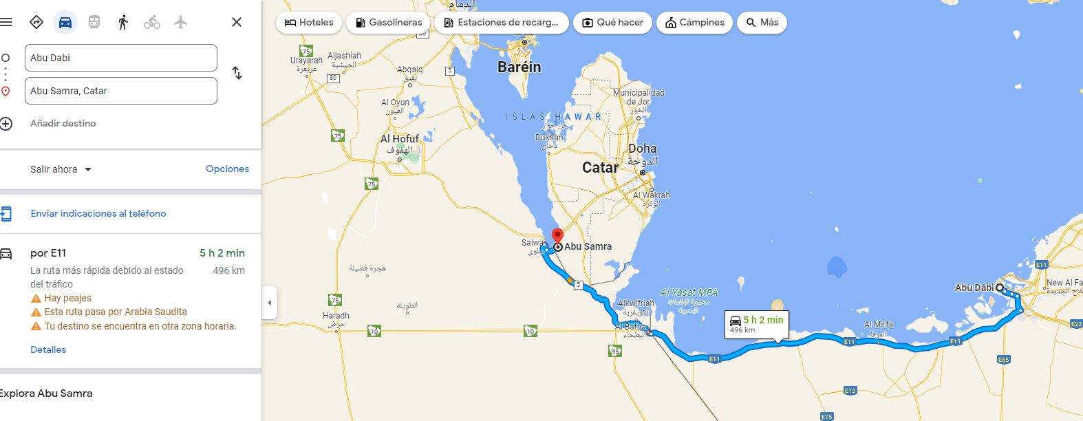 Captura de pantalla del viaje terrestre desde Abu Dhabi a Qatar. (Google Maps)