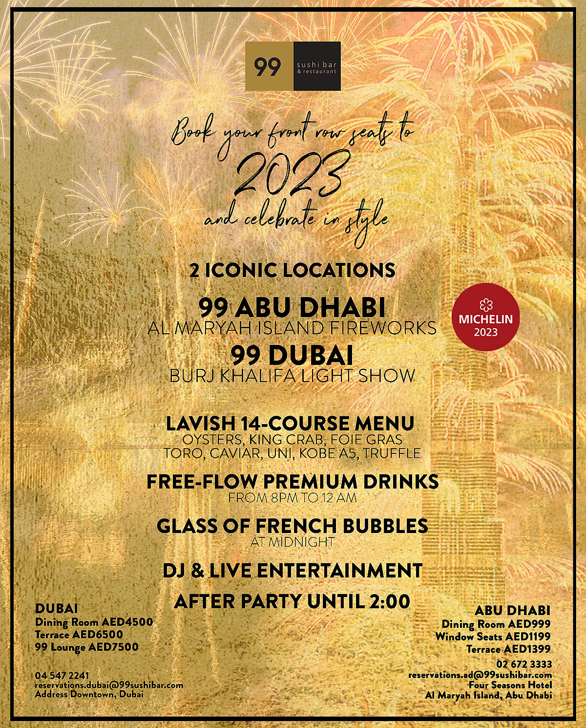 Año Nuevo 2022 en 99 Sushi Bar de Abu Dhabi y Dubai