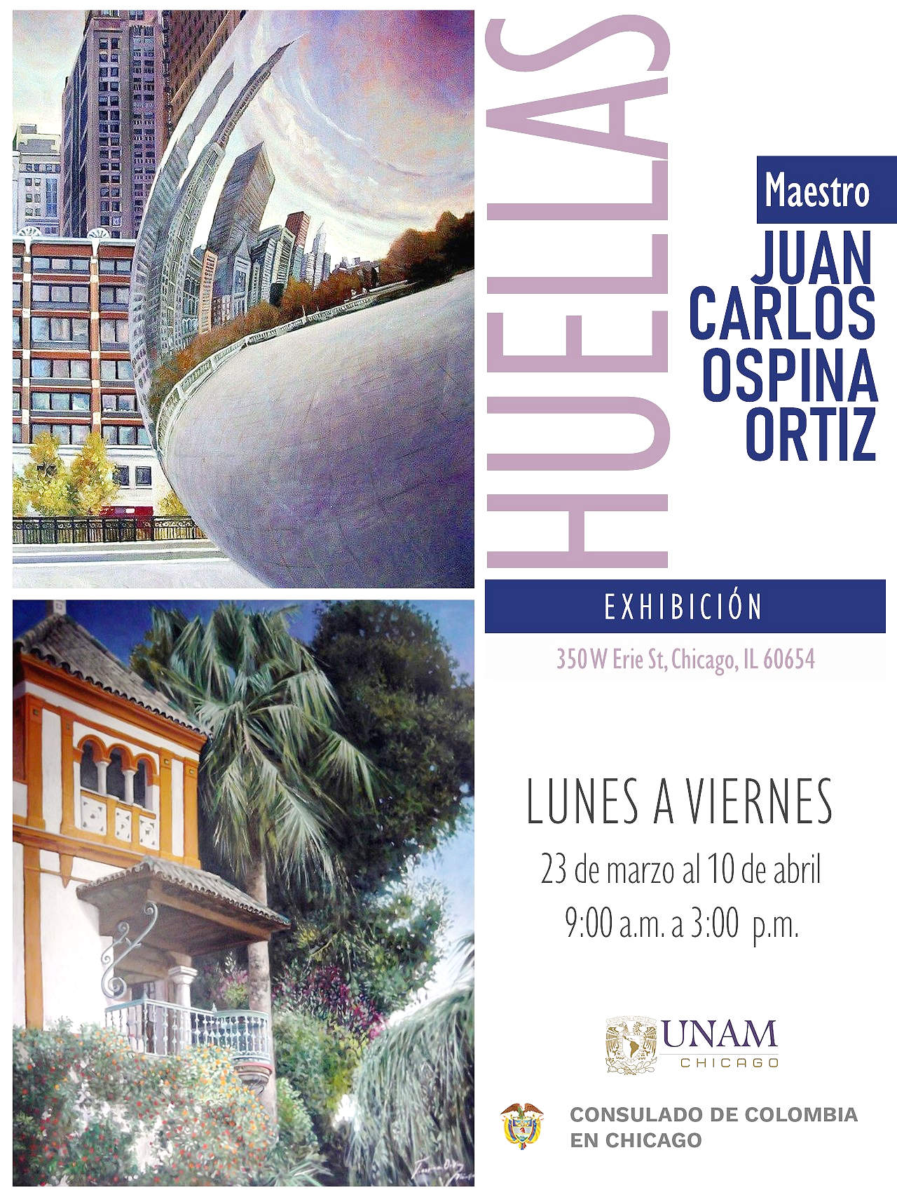 Cartel de la Exposición que Juan Carlos Ospina lleva a cabo en Chicago de la mano del Consulado General de Colombia.