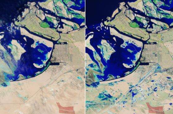 Abu Dhabi antes y después de las lluvias. (Nasa)