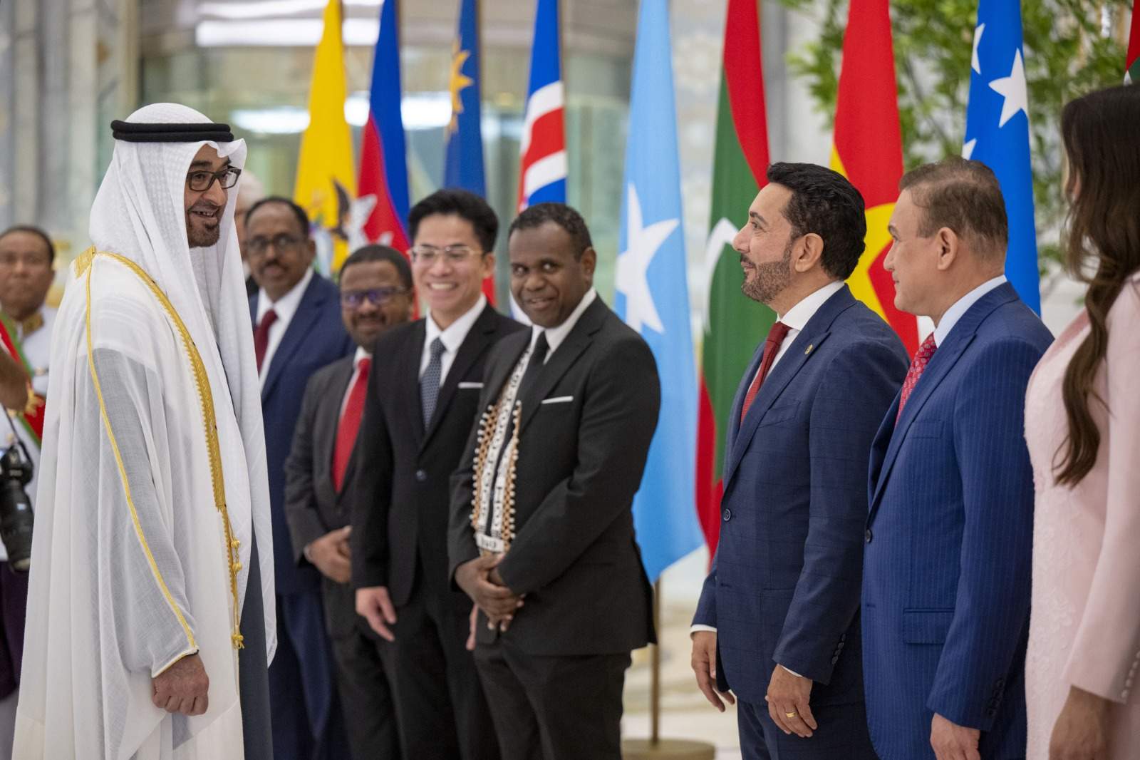El presidente emiratí saluda al embajador venezolano entre otros representantes diplomáticos. (WAM)