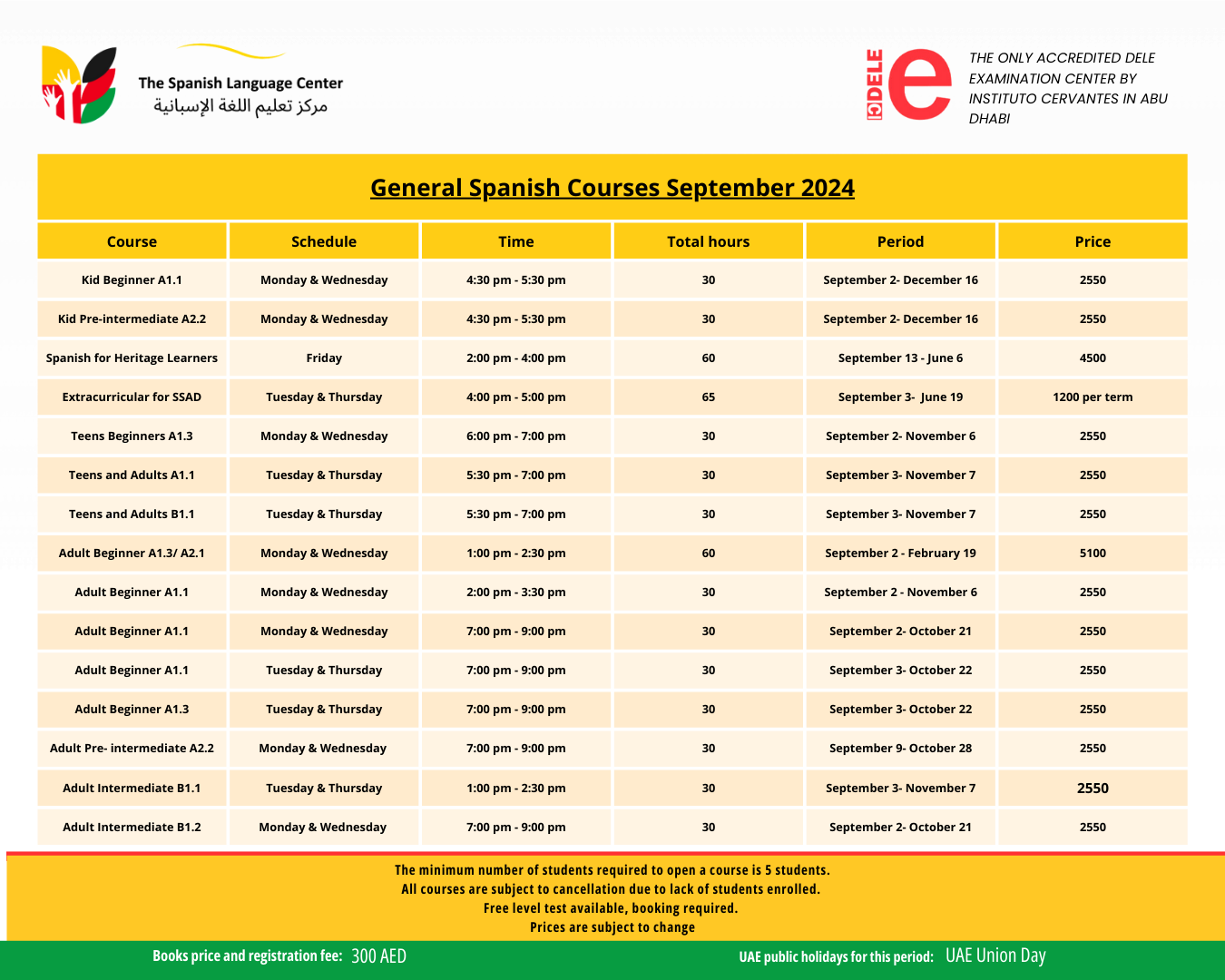 Horarios y precios de los cursos.
