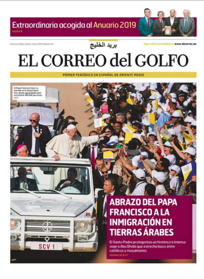 Portada del especial impreso de EL CORREO DEL GOLFO dedicado a la visita del Papa Francisco a Abu Dhabi.