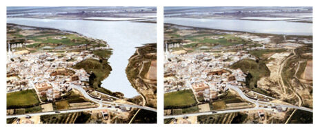 Comparativa entre la situación del acceso al mar en Palos en 1492 -izquierda- y la actual: la primera imagen muestra el caño que llegaba hasta donde estaba el puerto; hoy esa zona se encuentra cubierta por sedimentaciones. (Fuente externa)