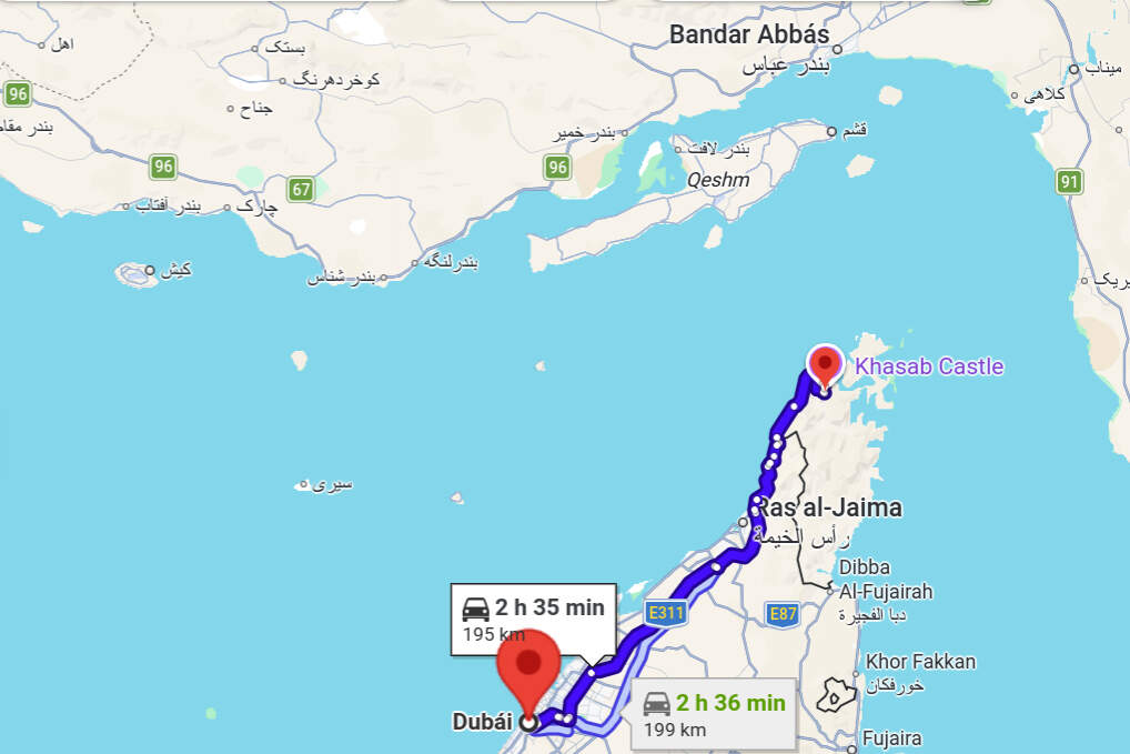 Distancia de Dubai al estrecho de Ormuz. (Google Maps)