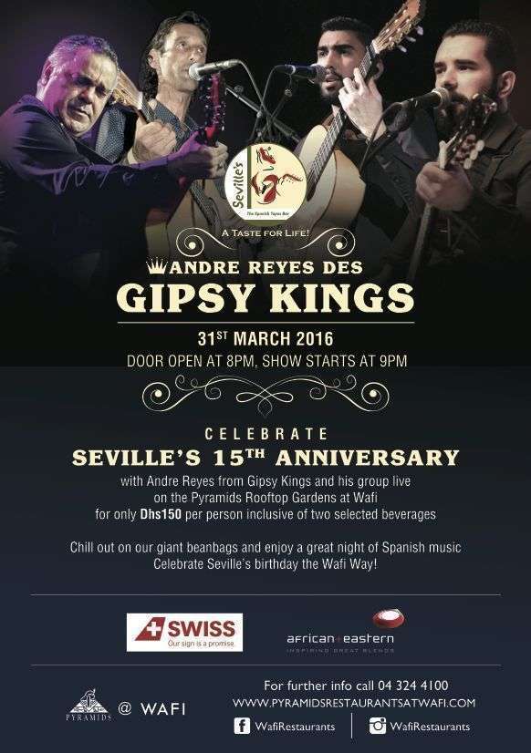 Flyer de la actuación de Andre Reyes, de Gipsy Kings, en el Wafi Mall de Dubai.