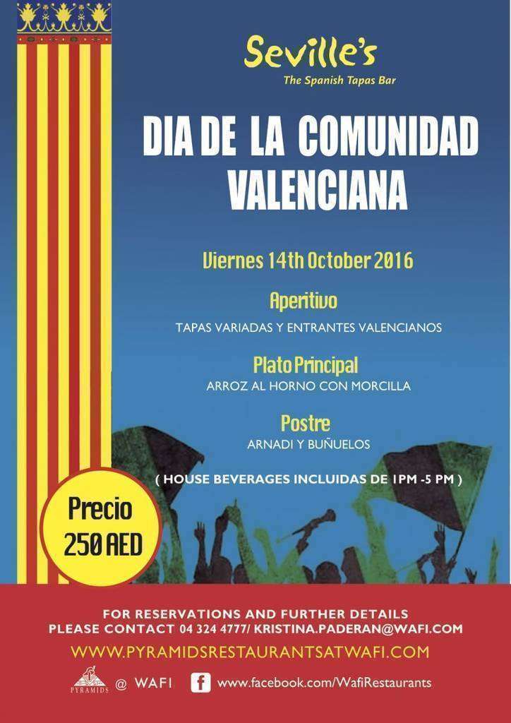 Flyer del Día de la Comunidad Valenciana 2016 en el Seville's de Dubai.