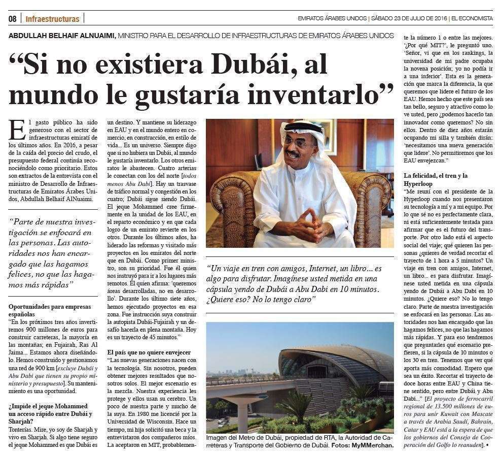 La entrevista con el ministro de Desarrollo de Infraestructuras de Emiratos Árabes aparece en la página 8 del suplemento.