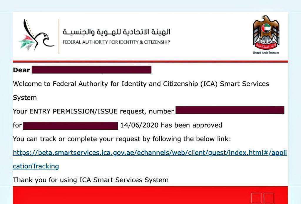 Aprobación de la Federal Authority for Identity and Citizenship para el regreso a Emiratos Árabes de un residente. Aprobación de la Federal Authority for Identity and Citizenship para el regreso a Emiratos Árabes de un residente.