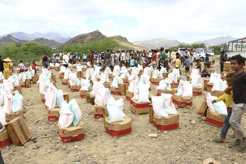 Cientos de paquetes de ayuda humanitaria dispuestos para su distribución entre la población más desfavorecida en Yemen. (WAM)