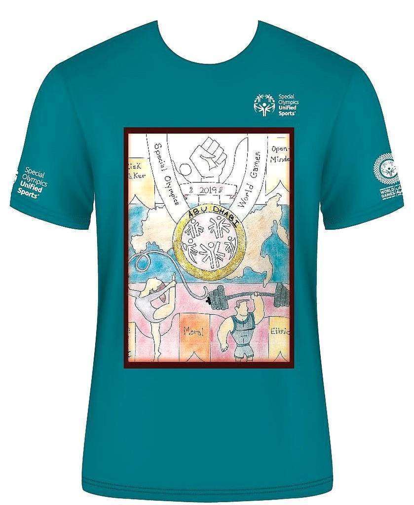 Camiseta de las Olimpiadas Especiales de Abu Dhabi con el diseño de la joven mexicana Mariana Dávila Cueto. (Cedida)