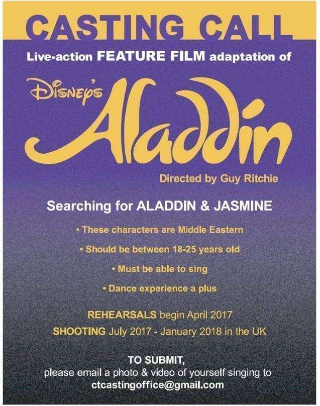 Cartel del casting para la películo 'Aladdin'. Cartel del casting para la películo 'Aladdin'.