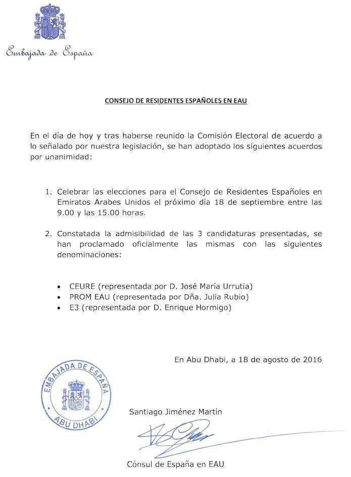 Documento de la Embajada de España que convoca las elecciones al Consejo de Residentes Españoles en Emiratos Árabes.