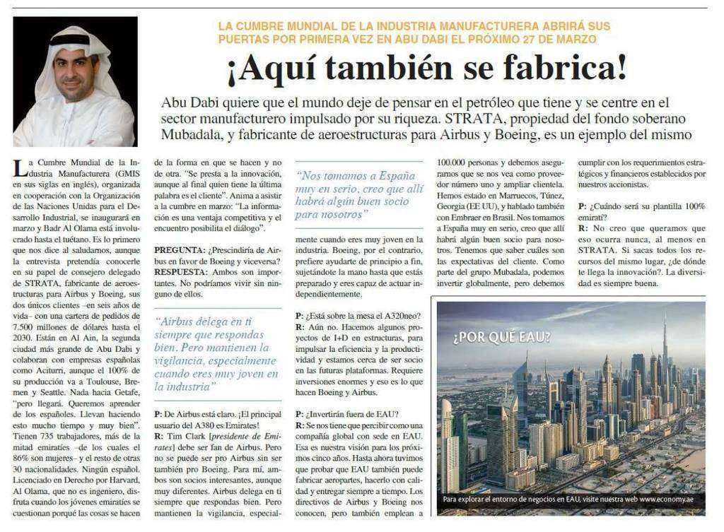 Información sobre STRATA publicada en la página 13 de la tercera parte del suplemento 'Emiratos Árabes, el centro de la nueva Ruta de la Seda'.