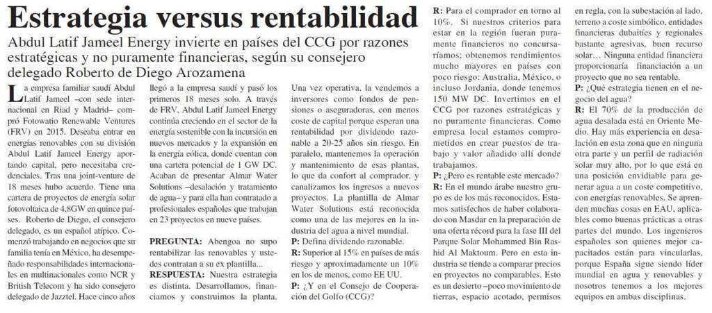 Entrevista a Roberto de Diego Arozamena publicada en la página 14 de la tercera parte del suplemento 'Emiratos Árabes, el centro de la nueva Ruta de la Seda'.