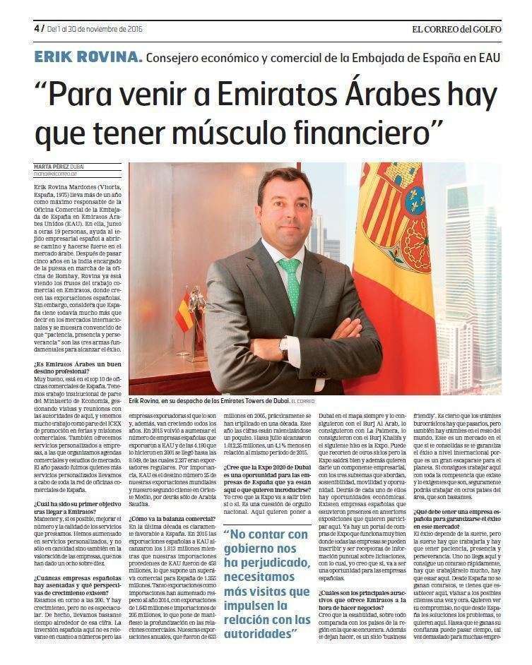 Entrevista a Erik Rovina en la edición impresa de EL CORREO DEL GOLFO.