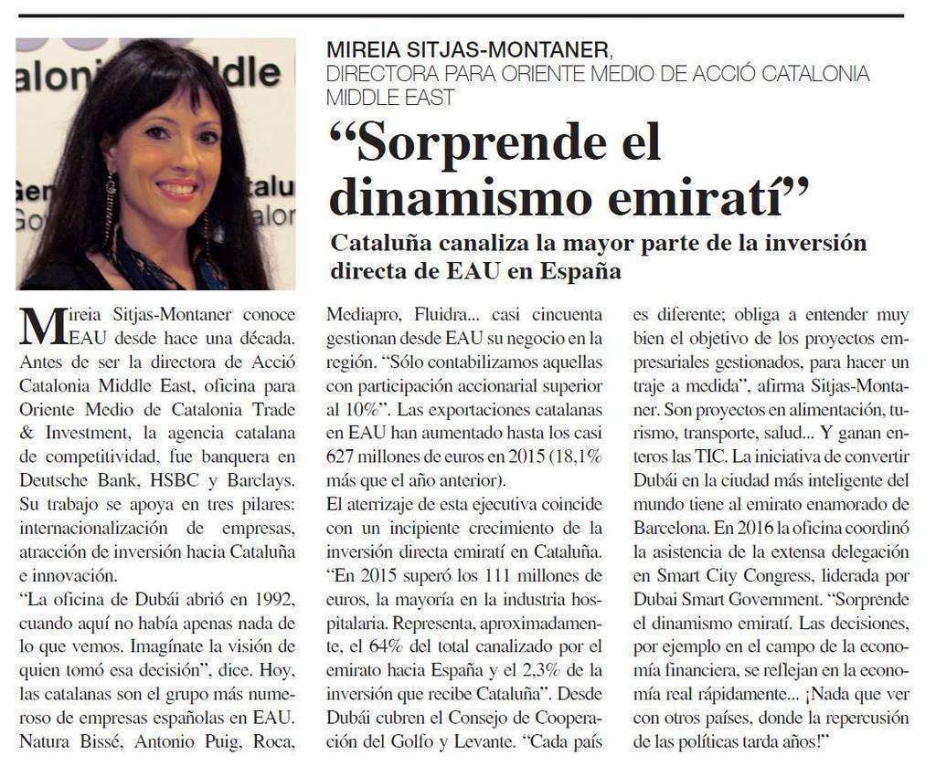 Entrevista a Mireia Sitjas-Montaner publicada en el suplemento 'Emiratos Árabes, el centro de la nueva Ruta de la Seda.
