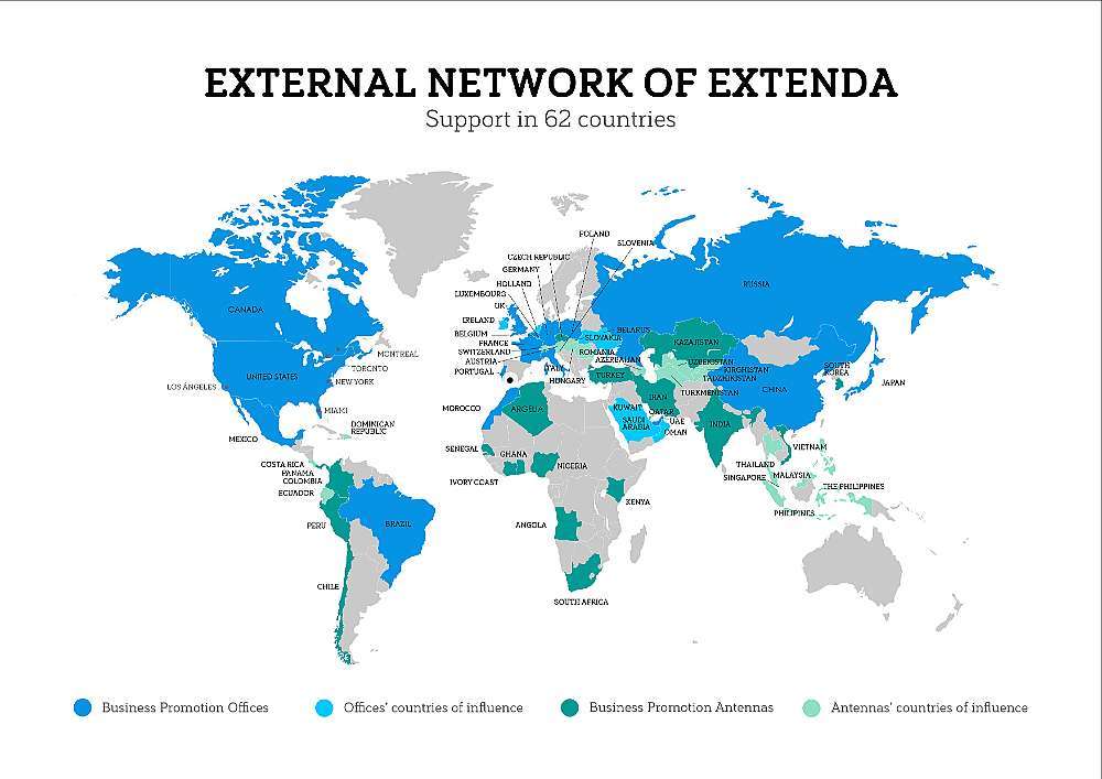La red de Extenda en el exterior ofrece actualmente apoyo a empresas y emprendedores en 62 países del mundo. / Extenda's network abroad currently offers support to companies and entrepreneurs in 62 countries around the world. La red de Extenda en el exterior ofrece actualmente apoyo a empresas y emprendedores en 62 países del mundo. / Extenda's network abroad currently offers support to companies and entrepreneurs in 62 countries around the world.