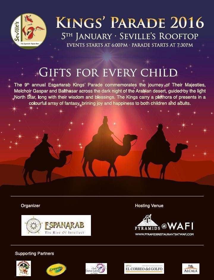 Flyer de la Cabalgata de Reyes Magos de Dubai 2016.