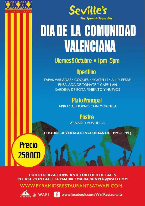 Flyer del Día de la Comunidad Valencia en el restaurante Seville's de Dubai.