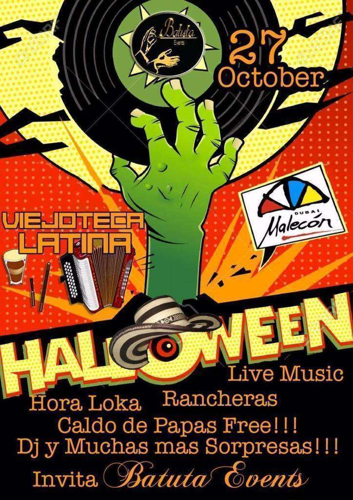 Flyer fiesta de Halloween en Malecón Dubai.