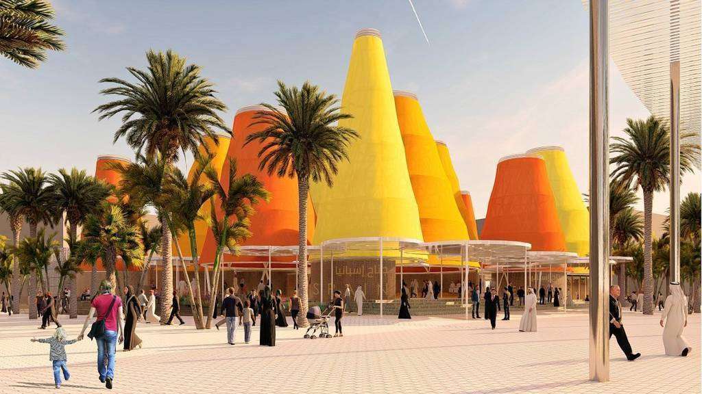 Ilustración de la perspetiva exterior del Pabellón de España en Expo Dubai una vez quede finalizado. 