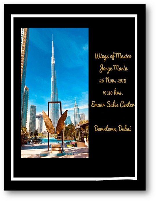 Flyer exhibición de las 'Alas de México' ante el Burj Khalifa en Dubai.