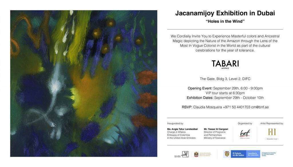 Invitación expo Carlos Jacanamijoy en Dubai.