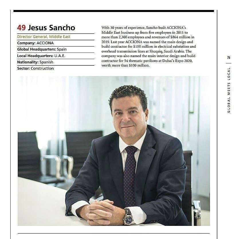 Página dedicada en la revista Forbes Middle East de diciembre a Jesús Sancho, director general de la española ACCIONA en Oriente Medio.