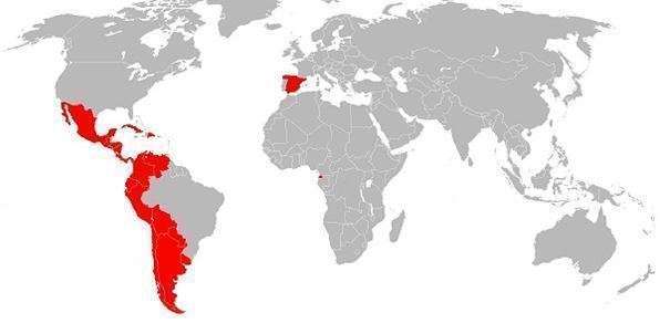 Mapa del mundo con los países que hablan español señalados en rojo.