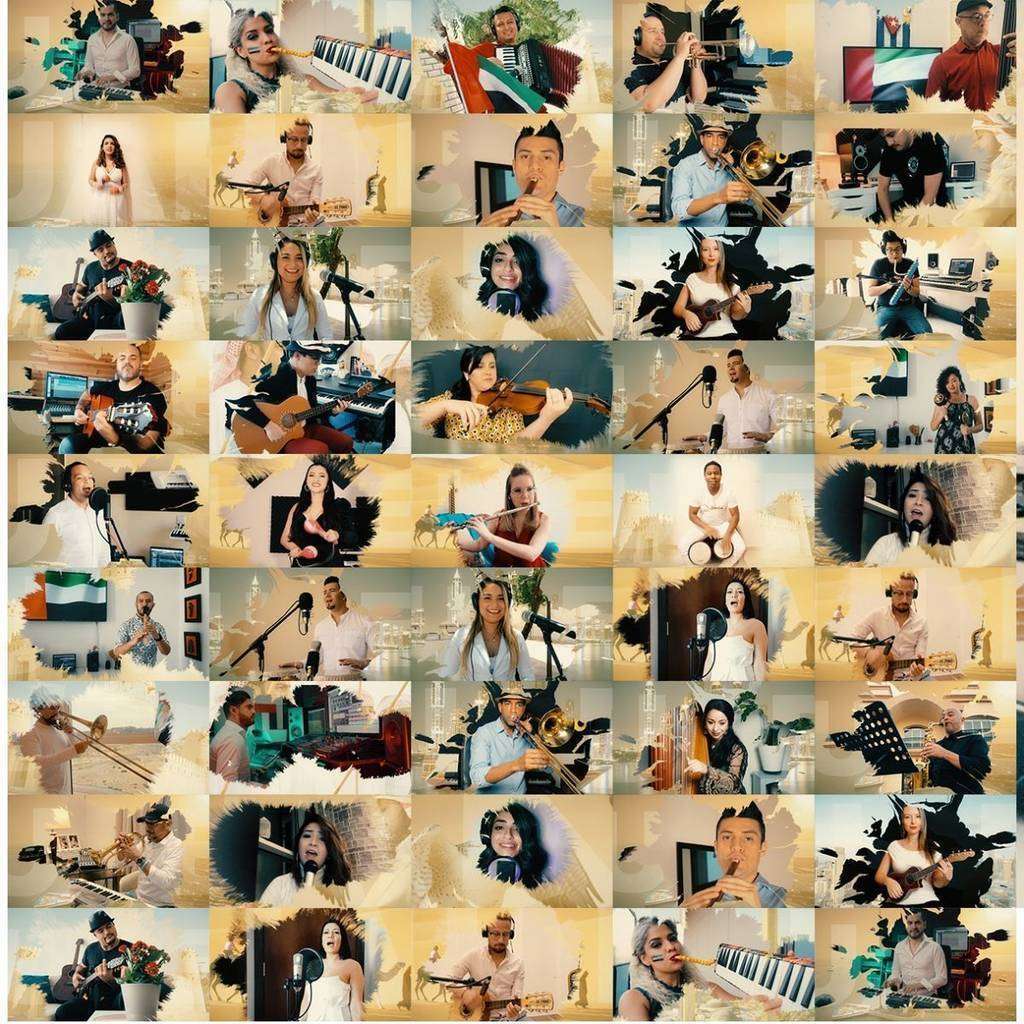 Los músicos latinos que han participado en la versión hispana del Himno Nacional de Emiratos Árabes Unidos. (Cedida)