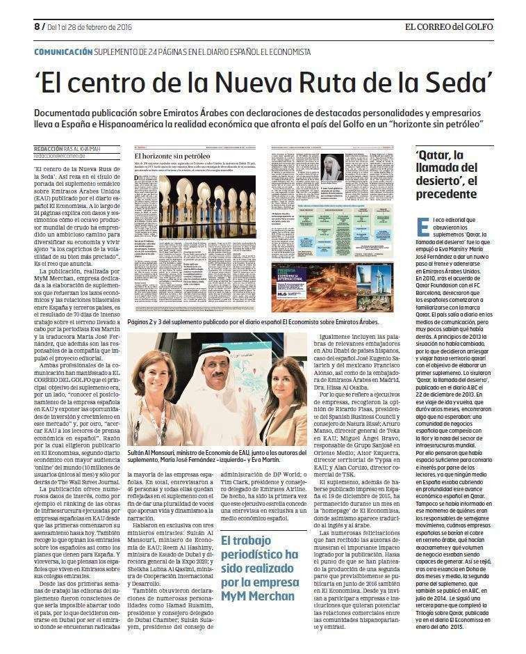 Página dedicada en EL CORREO DEL GOLFO al suplemento sobre Emiratos Árabes publicado por El Economista. 