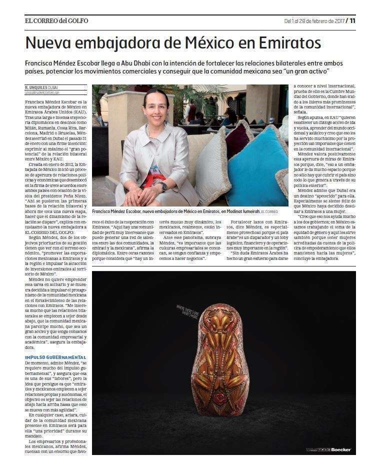 Página dedicada en la edición impresa de EL CORREO DEL GOLFO a la llegada de la nueva embajadora de México a Emiratos Árabes.