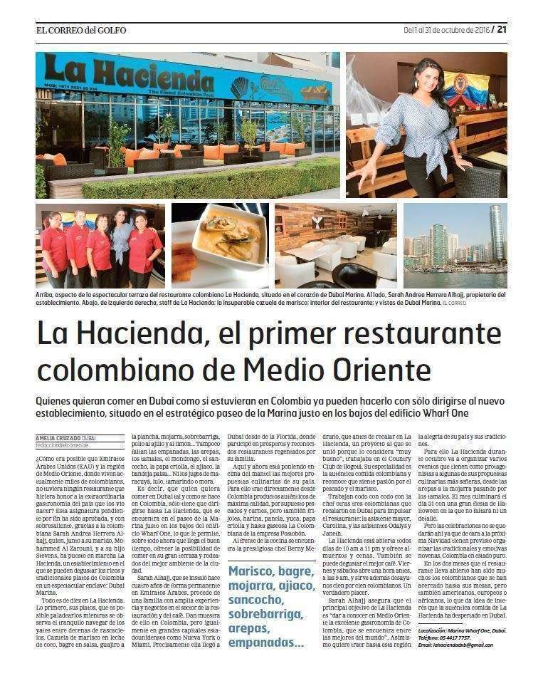 Página dedicada en la edición impresa de EL CORREO DEL GOLFO a La Hacienda, el primer restaurante colombiano de Medio Oriente. 