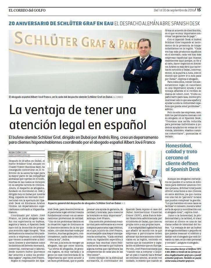 Página dedicada en la edición impresa de EL CORREO DEL GOLFO al nuevo departamento para hispanohablantes del bufete Schlüter Graf.